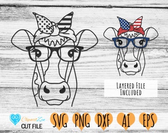 Cuatro de Julio Vaca con Gafas y Pañuelo Memorial Day, svg, png, dxf, eps, ai, Clipart, Vector Cuttable / Cricut, Silhouette, Cameo