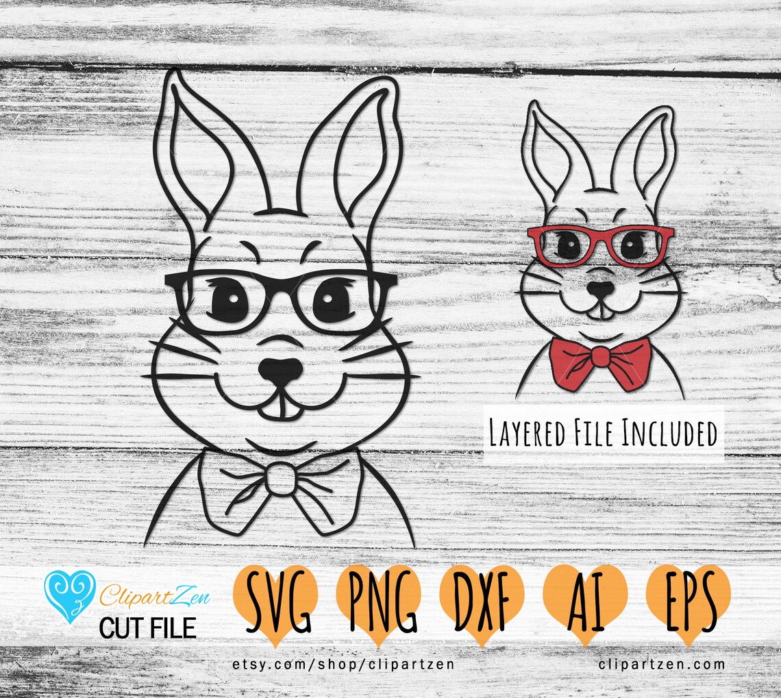 Bunny With Glasses and Bow, Rabbit Face Cut File, Svg, Png, Dxf, Eps ...
