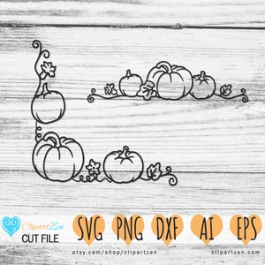 Marco de borde de calabaza, línea, esquina, archivo de corte, svg, png, dxf, eps, ai, clipart, vector cuttable / cricut, silueta, cameo