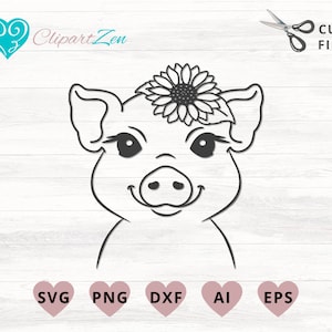 Cute Pig with Sunflower, Farm Animal Cut File, svg, png, dxf, eps, ai, Clipart, Vector Cuttable | Cricut, Silhouette, Caméo