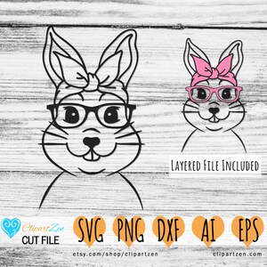 Bunny Bandana and Glasses, Rabbit Face Cut File, svg, png, dxf, eps, ai, Clipart, Vector Cuttable | Cricut, Silhouette, Cameo