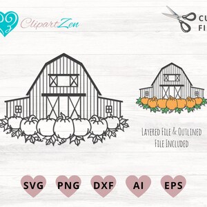 May include: Black and white line art illustration of a barn with a pumpkin patch in front. The barn has a large double door and a window on each side. The pumpkins are arranged in a semi-circle in front of the barn.