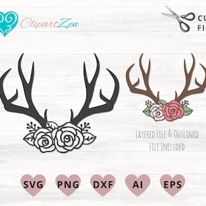 Könnte beinhalten: Ein digitales Design mit einem Paar schwarzer Hirschengeweihe mit einem Blumenarrangement aus Rosen an der Basis. Das Design ist geschichtet und umrandet und enthält eine separate Version mit braunen Hirschengeweihen und rosa und roten Rosen.