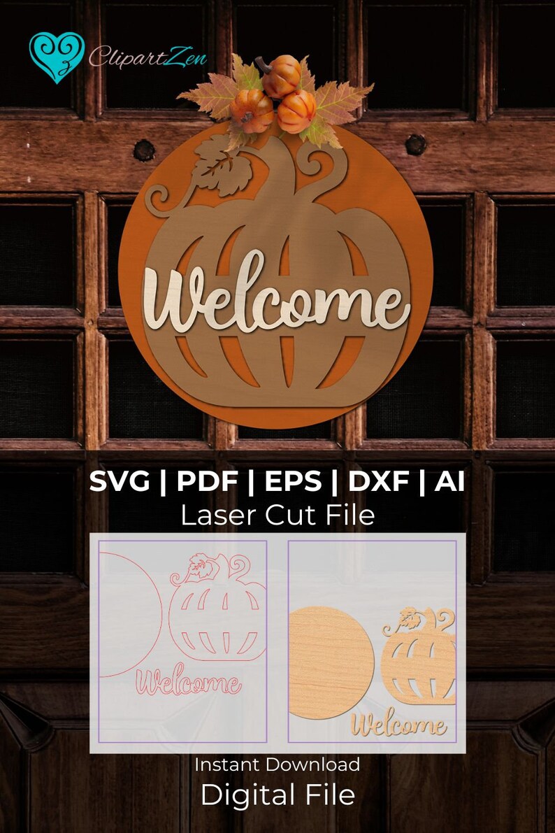 Welcome Pumpkin Door Hanger SVG Laser Cut Files, Fall Pumpkin Sign Svg ...