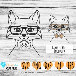 Fox Head avec lunettes et nœud papillon, Fathers Papa Grandpa Design, Woodland Animal Cut File, svg, png, dxf, eps, ai, Clipart | Cricut, Silhouette