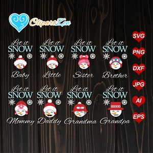 Puede incluir: ¡Que nieve! Ocho diseños diferentes de muñecos de nieve con el texto "Let it snow" y un título para cada diseño: Bebé, Pequeño, Hermana, Hermano, Mamá, Papá, Abuela, Abuelo. Los diseños son en rojo, blanco, azul y rosa.