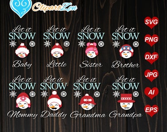 Snowman Family Face, Let it Snow Christmas Snowflake, svg, png, dxf, eps, ai, Clipart, Vector, Printable Design, Cuttable | Silhouette,Cameo