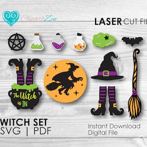 May include: A set of 10 witch-themed SVG and PDF digital cut files. The set includes a witch on a broomstick, a cauldron, a witch's hat, a pair of witch's boots, a broom, a bat, a cloud with a star, and three potion bottles. The text "The Witch is IN" is on the cauldron.