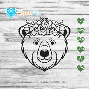 Bear Face Floral Crown svg, png, dxf, jpg, eps, Clipart, Vector, Cuttable | Silhouette, Cameo