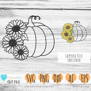 Floral Pumpkin with Sunflower, Cut File, svg, png, dxf, eps, ai, Clipart, Vector Cuttable | Cricut, Silhouette, Cameo