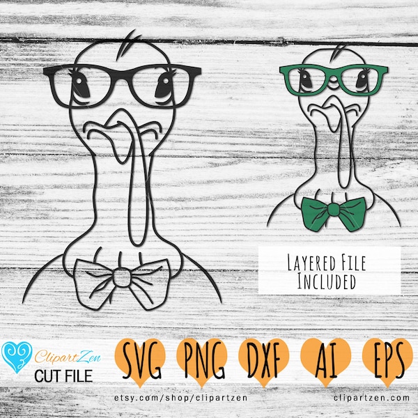 Turkey Face Head with Glasses and Bowtie, Animal Cut File, svg, png, dxf, eps, ai, Clipart, Vector Cuttable | Cricut, Silhouette, Cameo