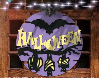 May include: A purple and yellow Halloween sign with the word "HALLOWEEN" in a stylized font. The sign features bats and a crescent moon.