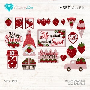 Aardbei Tier Tray Svg, Aardbei Svg Bundel, Glowforge Svg, Laser Cut File, Aardbei Teken Svg, Gelaagde Lade Decor Bundel