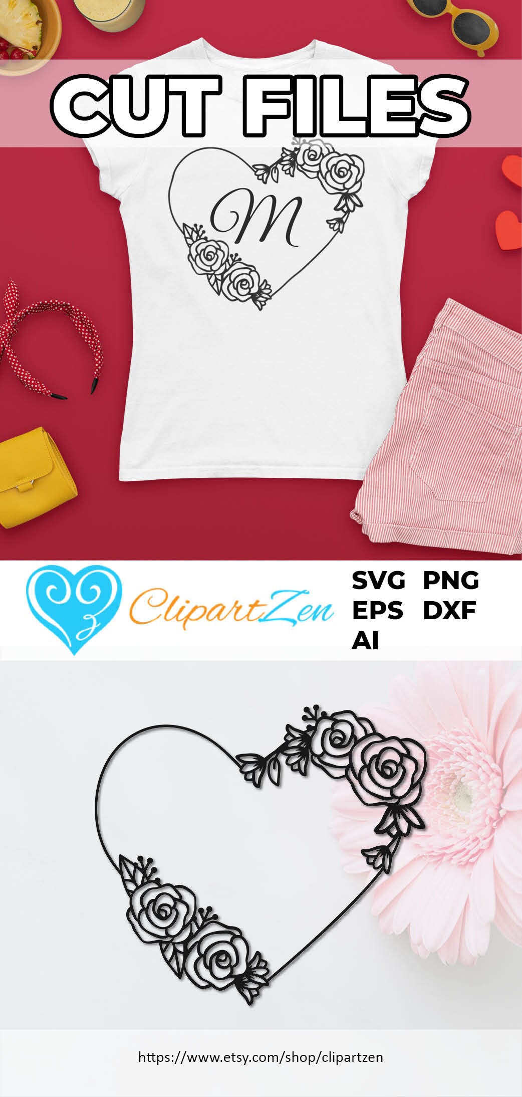 Rose Flower Floral Heart Wreath Frame Minimal Cut File, Svg, Png, Dxf ...
