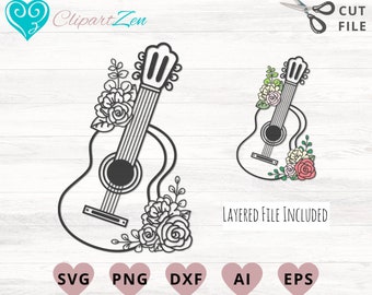 Guitar with Flowers, Guitar svg, Music svg, Cut File, svg, png, dxf, eps, ai, Clipart, Vector, Cuttable | Cricut, Silhouette, Cameo