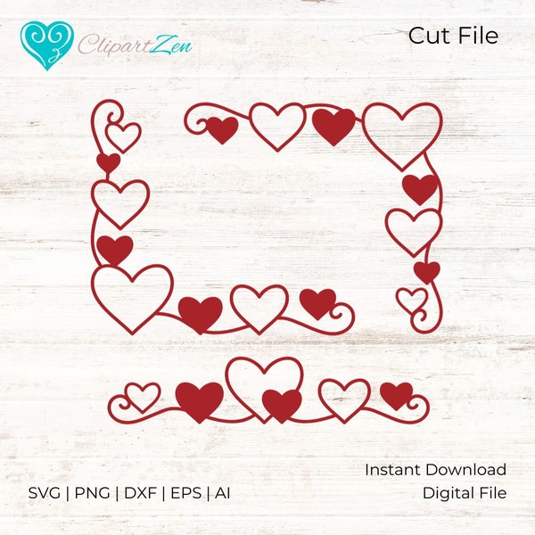 Valentines Heart Border Frame,  Line, Corner, Cut File,svg, png, dxf, eps, ai, Clipart, Vector Cuttable | Cricut, Silhouette, Cameo