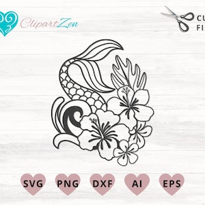 Puede incluir: Ilustración en blanco y negro de línea de arte de una cola de sirena con flores de hibisco. El diseño es perfecto para proyectos de manualidades, scrapbooking y diseño digital.