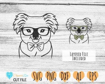 Cute Koala Bear Head Glasses Bowtie, Fathers, Back to School, Cut File, svg, png, dxf, eps, ai, Clipart, Vector | Cricut, Silhouette, Cameo