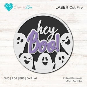 Ghost Hey Boo Halloween door sign, welcome sign SVG Door Hanger SVG, BOO round door hanger svg Laser cut file, glowforge file