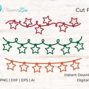 May include: Three sets of string lights with star-shaped bulbs. The top set is red, the middle set is green, and the bottom set is orange.