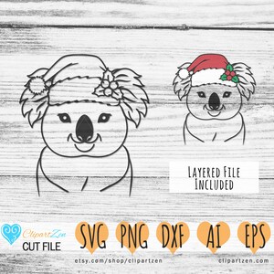 May include: Black and white line art illustration of a koala wearing a Santa hat with holly and berries. The image includes the text "Layered File Included" and "SVG PNG DXF AI EPS".
