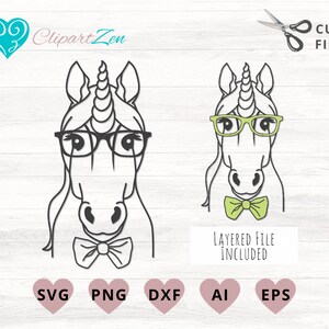 Unicorn Face svg, Unicorn Head svg, Unicorn Clipart with Glasses and Bowtie, Lined and Layered, PNG, Cut File for Cricut, Silhouette, Cameo