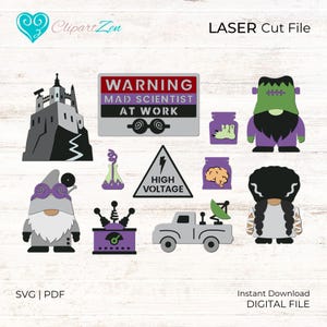 May include: A set of 10 digital cut files for a mad scientist theme. The files include a castle, a warning sign that says "Mad Scientist at Work", a gnome wearing goggles, a beaker, a high voltage sign, a brain in a jar, a Frankenstein monster, a woman with black hair, a truck with a satellite dish, and a machine with a dial.
