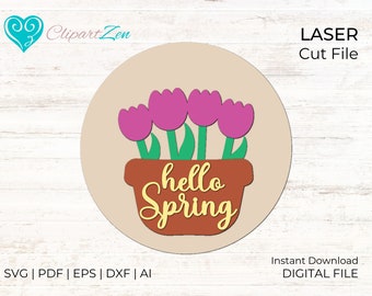 Hello Spring Tulip Door Hanger SVG, percha de puerta redonda SVG, archivo de corte láser, Glowforge SVG
