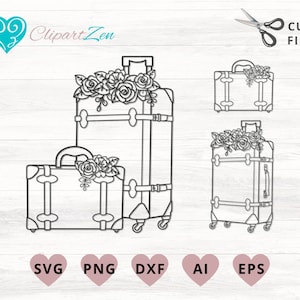 Vintage Travel Luggage Flowers, Vintage Suitcase Floral, Cut File, svg, png, dxf, eps, ai, Clipart, Vector, Cuttable / Cricut, Silhouette