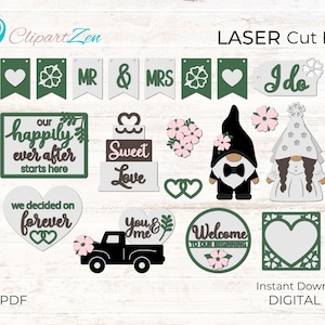 Gnome Wedding Tier Tray Svg, Cute Wedding Sign Svg Bundle, Glowforge Svg, Laser Cut File, Gnome Groom Bride Tiered Tray Decor Bundle
