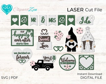 Gnome Wedding Tier Tray Svg, Cute Wedding Sign Svg Bundle, Glowforge Svg, Laser Cut File, Gnome Groom Bride Tiered Tray Decor Bundle