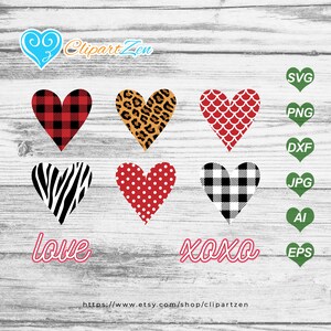 May include: A collection of heart-shaped designs with various patterns, including buffalo plaid, leopard print, zebra stripes, polka dots, and a fish scale pattern. The word "love" and "xoxo" are written in cursive. File type icons are on the right.