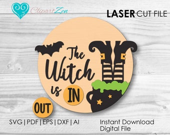 Witch Door Hanger Round Halloween Sign svg, Halloween door hanger svg,  Laser Cut File, Halloween Sign Glowforge svg