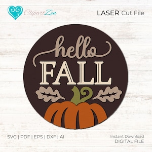 Hello Fall Door Hanger SVG Laser Cut File, Pumpkin SVG, Fall Pumpkin Welcome Sign Svg, Front Door Sign, Glowforge Files