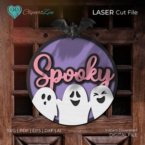 Halloween Ghost Spooky deur teken, welkom teken SVG deur hanger SVG, BOO ronde deur hanger SVG laser gesneden bestand, Glowforge bestand