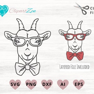 メガネと蝶ネクタイをつけたヤギ、農場の動物の svg、ヤギの頭の svg、線とレイヤー、PNG、Cricut 用のカット ファイル、シルエット、カメオ