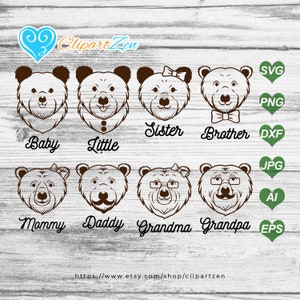 Mama Baby Papa Little Sister Brother Grandma Grandpa Bear Face Family svg, png, dxf, jpg, eps, Clipart, Vector, Cuttable | Silhouette, Cameo