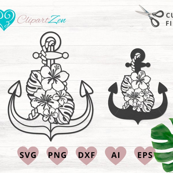 Tropical Flower Anchor svg, Nautical Clipart, Cut File, svg, png, dxf, eps, ai, Clipart, Vector, Cuttable | Cricut, Silhouette, Cameo