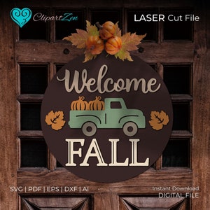 Fall Truck Door Hanger SVG Laser Cut Files, Fall Truck Autumn Pumpkin SVG, Welcome Sign Svg Front Door Sign, Glowforge Files