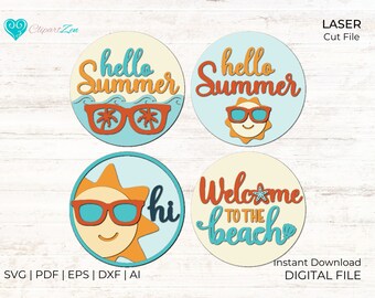 Hello Summer Door Hanger SVG, Welcome Svg, Beach Svg, Sun Svg, Sunglasses SVG, Beach Scene SVG, Laser Cut File, Beach Summer Decor, Bundle 4
