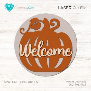 Witamy Pumpkin Door Hanger SVG Pliki wycinane laserowo, Jesienny znak Pumpkin Svg, Znak powitalny Svg, Znak na drzwi wejściowe, Pliki Glowforge