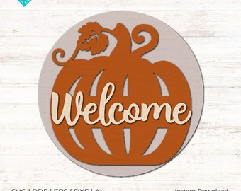 Bienvenido calabaza puerta percha SVG archivos cortados con láser, signo de calabaza de otoño svg, signo de bienvenida svg, signo de puerta principal, archivos Glowforge