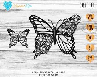 Daisy Floral Butterfly Clipart Frame Cut File, svg, png, dxf, eps, ai, Clipart, Vector, Printable Design, Cuttable | Silhouette, Cameo