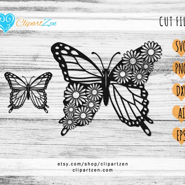 Daisy Floral Butterfly Clipart Frame Cut File, svg, png, dxf, eps, ai, Clipart, Vector, Printable Design, Cuttable | Silhouette, Cameo