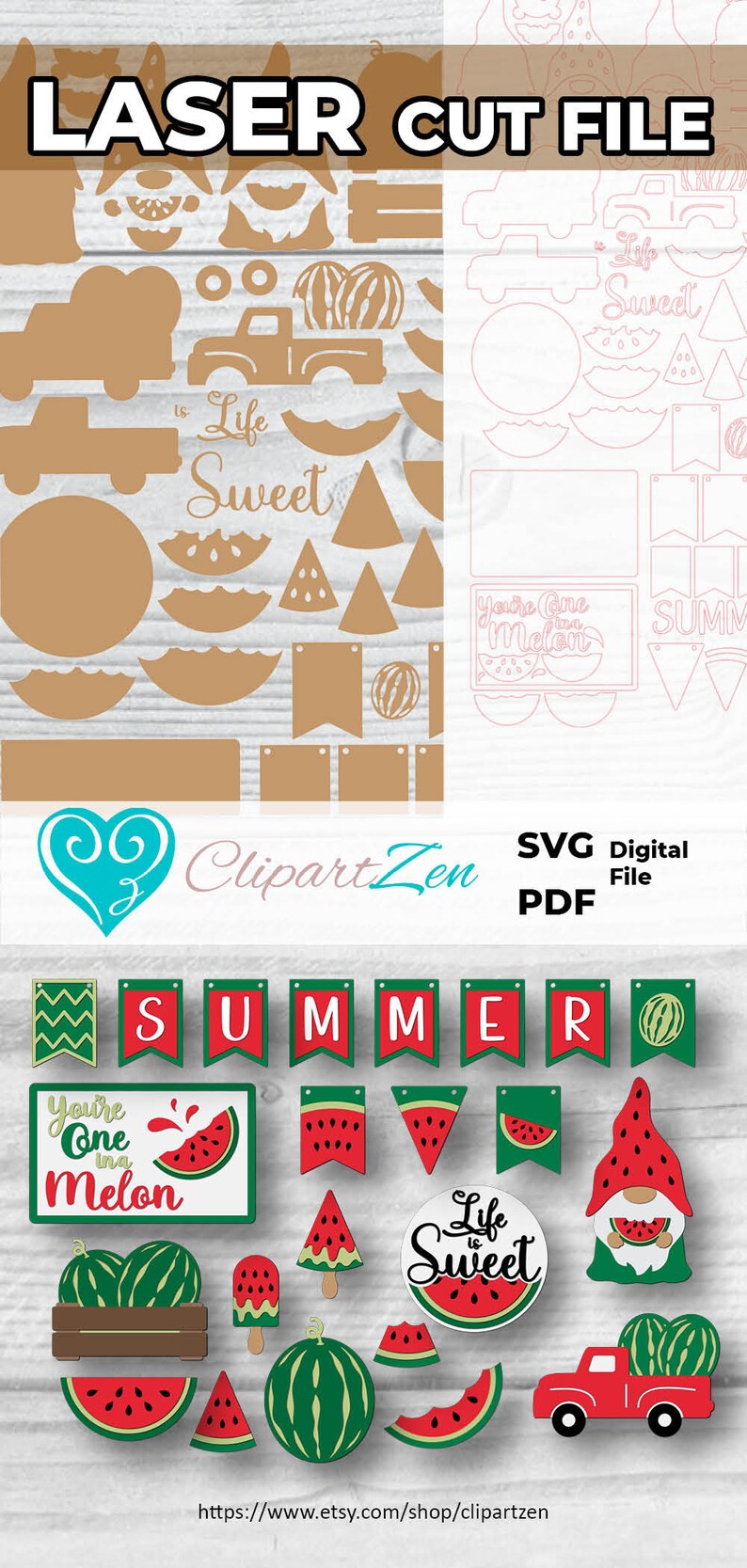 May include: A collection of laser cut files featuring watermelon-themed designs. Includes cutouts of watermelon slices, a gnome, a truck, and the phrase "Life is Sweet." The image also displays the text "You're One in a Melon."