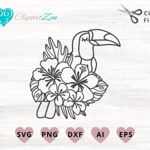 Toucan svg, Toucan with Tropical Flowers, Summer svg, png, dxf, eps, ai, Clipart, Vector Cuttable | Cricut, Silhouette, Cameo