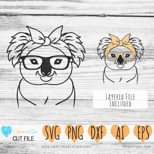 Koala Bandana Glasses svg File, Momlife svg, Cute Koala Bear svg, Animal Face Cut File, Baby Koala, Australia svg