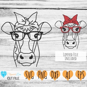 メガネとバンダナをつけた牛、雌牛、農家の牛の顔のカットファイル、svg、png、dxf、eps、ai、クリップアート、ベクター | Cricut、シルエット、カメオ