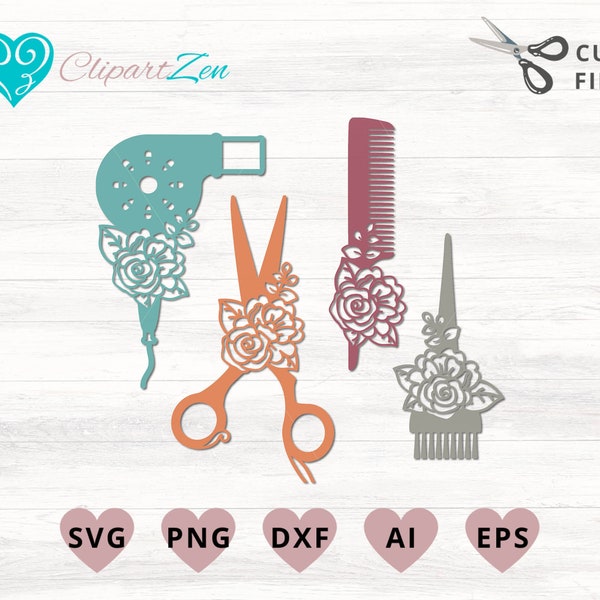 Floral Hair Stylist Salon svg, Cosmetology svg, Salon Tools Clipart, Cut File, svg, png, dxf, eps, ai, Vector | Cricut, Silhouette, Cameo