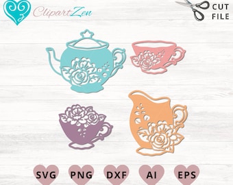 Floral Teapot svg, Teacup svg, Tea pot Flowers svg, Clipart, svg, png, dxf, eps, ai, Clipart, Vector, Cuttable | Cricut, Silhouette, Cameo